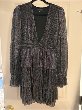 Metallic Black Multi-Color V-Neck Tiered Mini Dress
